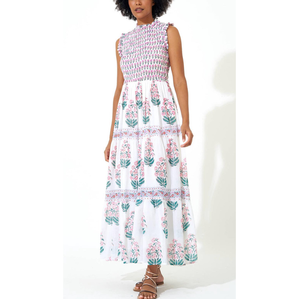Oliphant Smocked Sleeveless Ruffle Neck Midi Maxi Block Print Dress Tuckernuck M